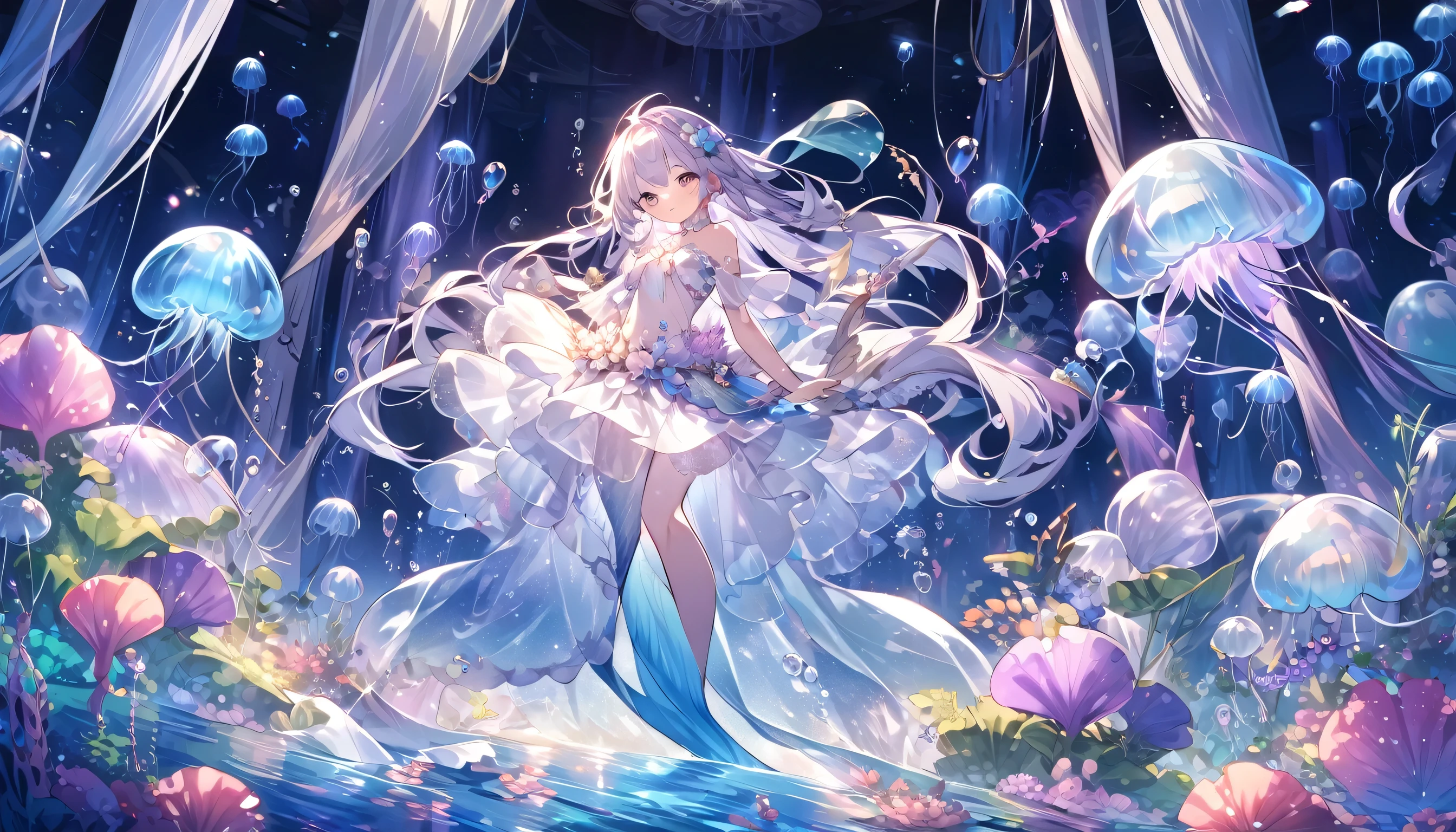 A beautiful mermaid living in an underwater kingdom of magical pearls, translucent jellyfish and gigantic seaweeds