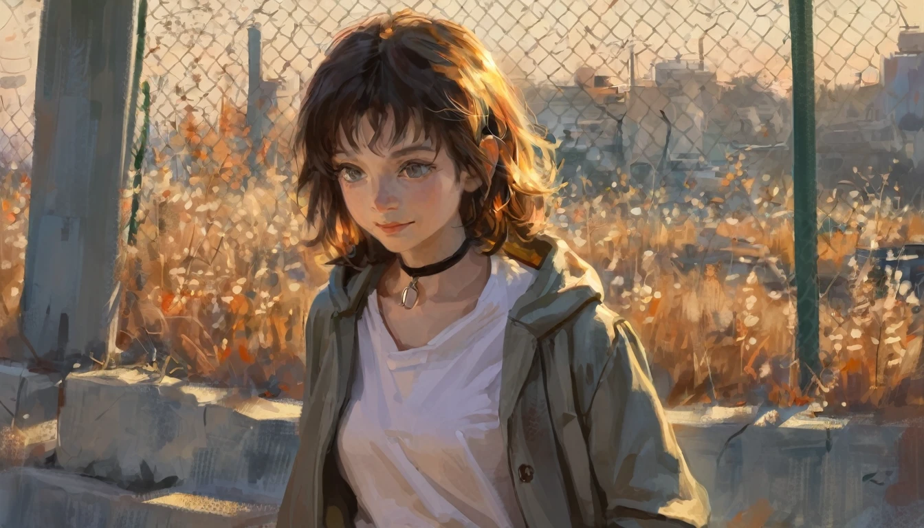 masterpiece, best quality, high quality, hyperdetailedanime painting, anime painting, painterly, realistic painting, soft features, detailed clothes, detailed, rembrandt lighting, solo, masterpiece, best quality, high quality, detailed anime painting, realistic, dramatic lighting, depth of field, fkey, h3l3n, 1girl, hime cut black hair, grey eyes, neutral expresion, long sleeves, medium breasts, hoodie and jeans, smile, solo, upper body, white shirt, outdoors, black choker, chain-link fence, thighhighs, beautiful color, (amazing quality:1.5),
