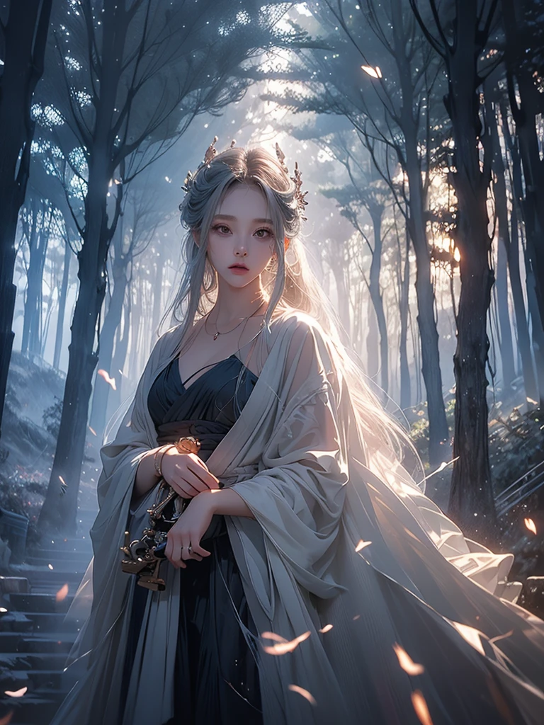 Beautiful girl in a transparent gray robe standing in a dark forest, Magnificent style, Octane Rendering, Desert Composition, Beautiful Face, Detailed face, Surreal, Oil on canvas, Awards, artwork, Art Station Trends, Studio Ghibli, Close-up of a girl
