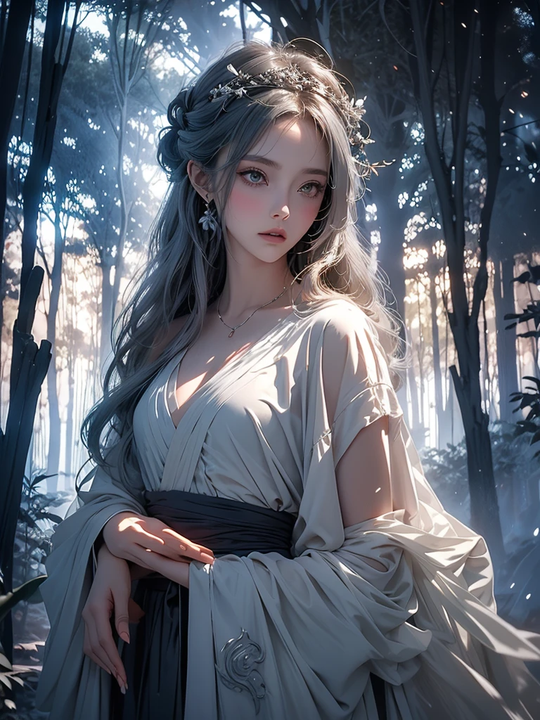 Beautiful girl in a transparent gray robe standing in a dark forest, Magnificent style, Octane Rendering, Desert Composition, Beautiful Face, Detailed face, Surreal, Oil on canvas, Awards, artwork, Art Station Trends, Studio Ghibli, Close-up of a girl
