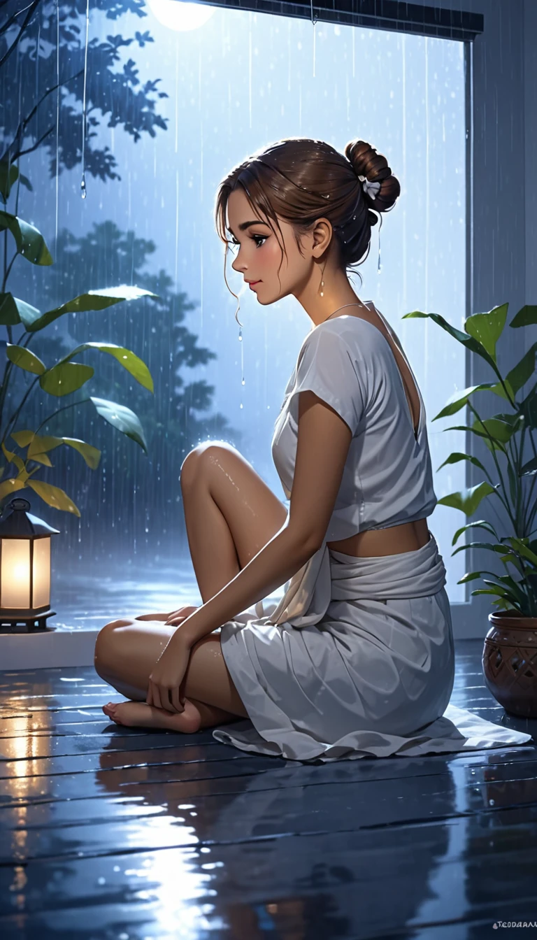 a beautiful young woman sits in a white room illuminated by moonlight, 1girl, sitting, solo, rain, barefoot, brown hair, hair bun, indian style, night,HoloDayo XL