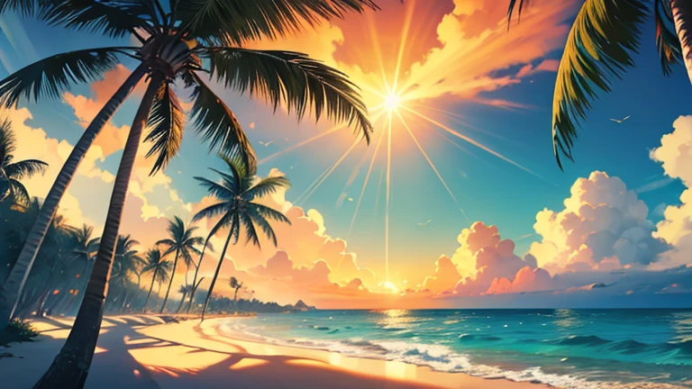 empty beach, 3 coconut tree on the right side, only 3 colors used in the image red orange yellow, a Brazilian flag on top of the coconut trees, Minimalism, cinematic lighting, god rays, wide shot, atmospheric perspective, perspective, sideways, uhd, masterpiece, accurate, super detail, high details, high quality, best quality, highres.