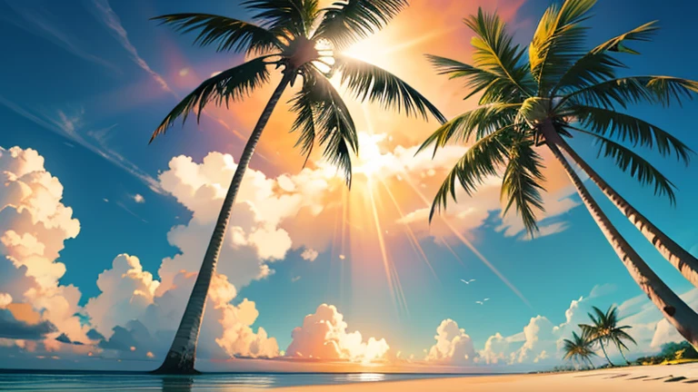 empty beach, 3 coconut tree on the right side, only 3 colors used in the image red orange yellow, a Brazilian flag on top of the coconut trees, Minimalism, cinematic lighting, god rays, wide shot, atmospheric perspective, perspective, sideways, uhd, masterpiece, accurate, super detail, high details, high quality, best quality, highres.