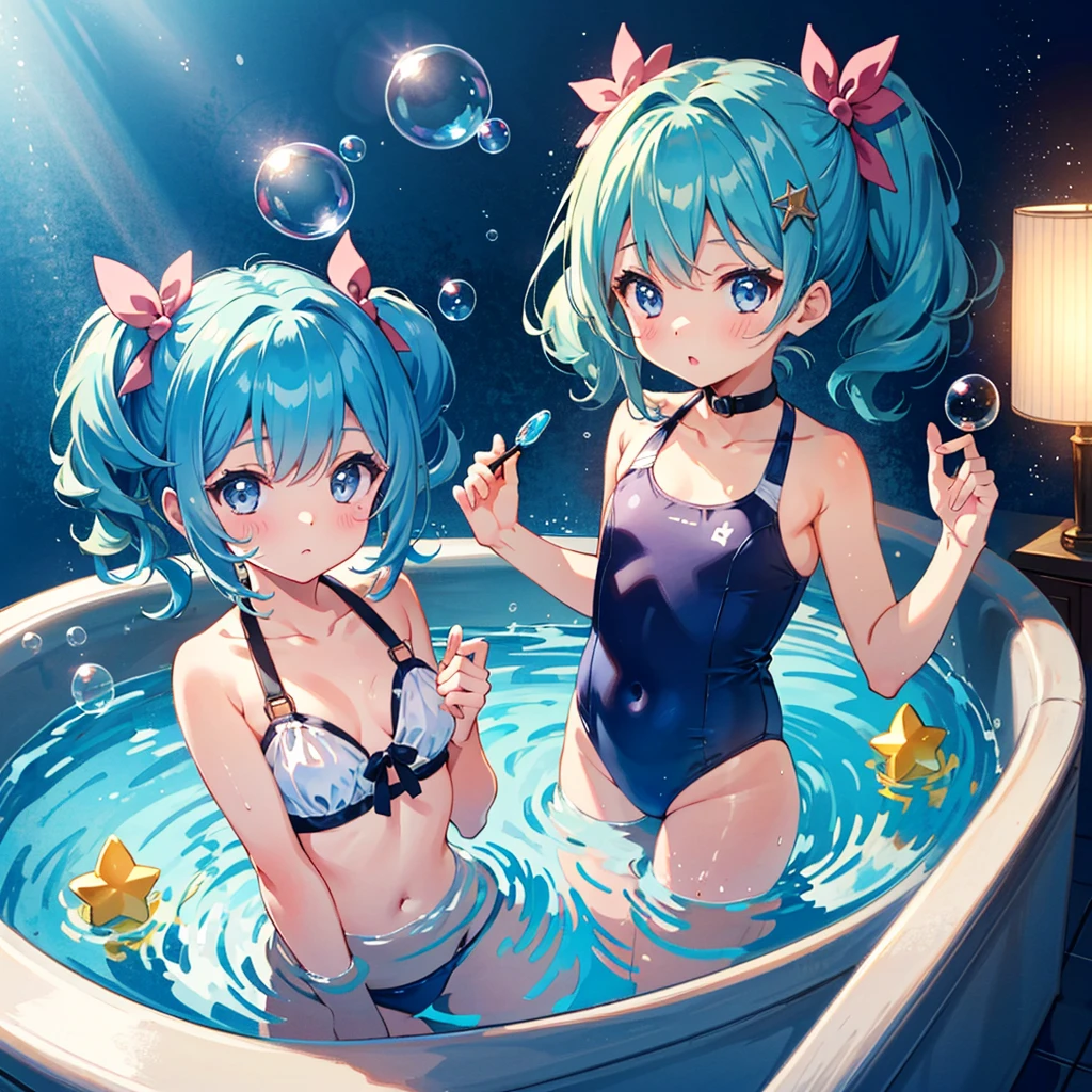{{{Masterpiece, highest quality, high resolution background}}}, Bright and beautiful atmosphere, 1 girl (7 years old, round face, baby face), small breasts, cute swimsuit, big bath, girls playing around with bubbles , "deltamon_sdXL :0.73)>Deltamon"