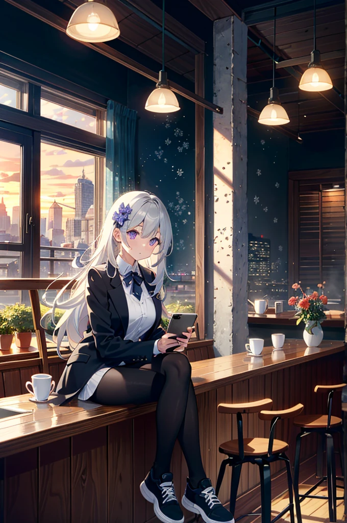 1girl, solo focus, tall female, grey hair, very long hair, purple eyes, large breasts, wide hips, sharp face, jewel-like eyes, serious, tired, wearing long grey coat, black blazer, black legwear, stylish sneakers, accessories, smartwatch, flower hair ornament, cute smile, sitting, cafe, coffee shop ambience, coffee shop aesthetic, snow on window, dawn, window view, massive cityscape, beautiful view, dim-lit ambience, holding coffee, {correct posing}, {detailed clothing}, {detailed body}, {correct body anatomy}, {extremely beautiful and delicate anime face and eyes}, {minute details}, {intricate details}, {delicate}, (masterpiece), (best quality), (wallpaper), (8k hd),