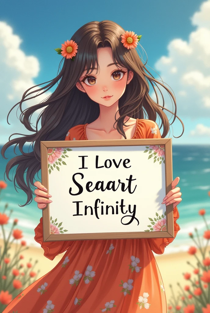 Beautiful girl with wavy long hair, bohemian dress, holding a white board with text "I Love Seaart Infinity" and showing it to the viewer anime
