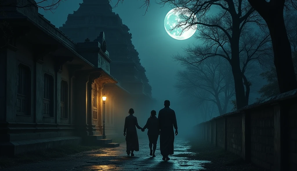 Best Quality:1.2), (high resolution:1.2), (beautiful face and eye:1.2), (sharpest focus:1.2), (Ultra-realistic Photo:1.2), (Ultra-precise Photo:1.2), (Depth of field:1.2), (perfect anatomy:1.2),An old haunted Indian Hindu temple (three people walking towards the temple) (an Indian Hindu priest, and husband and wife) dark new moon night all around. (A ghostly atmosphere all around)