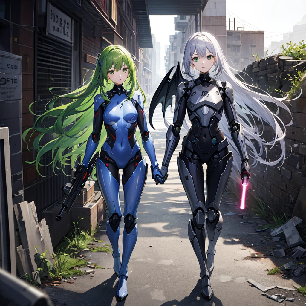 ((Highest quality)), (Anatomically correct),Green long hair girl 1.7、Silver robot suit 1.3、Robotic arm with a rifle、Hand holding a lightsaber、Metal Wings、Jetpack、Ruined old city 1.7
