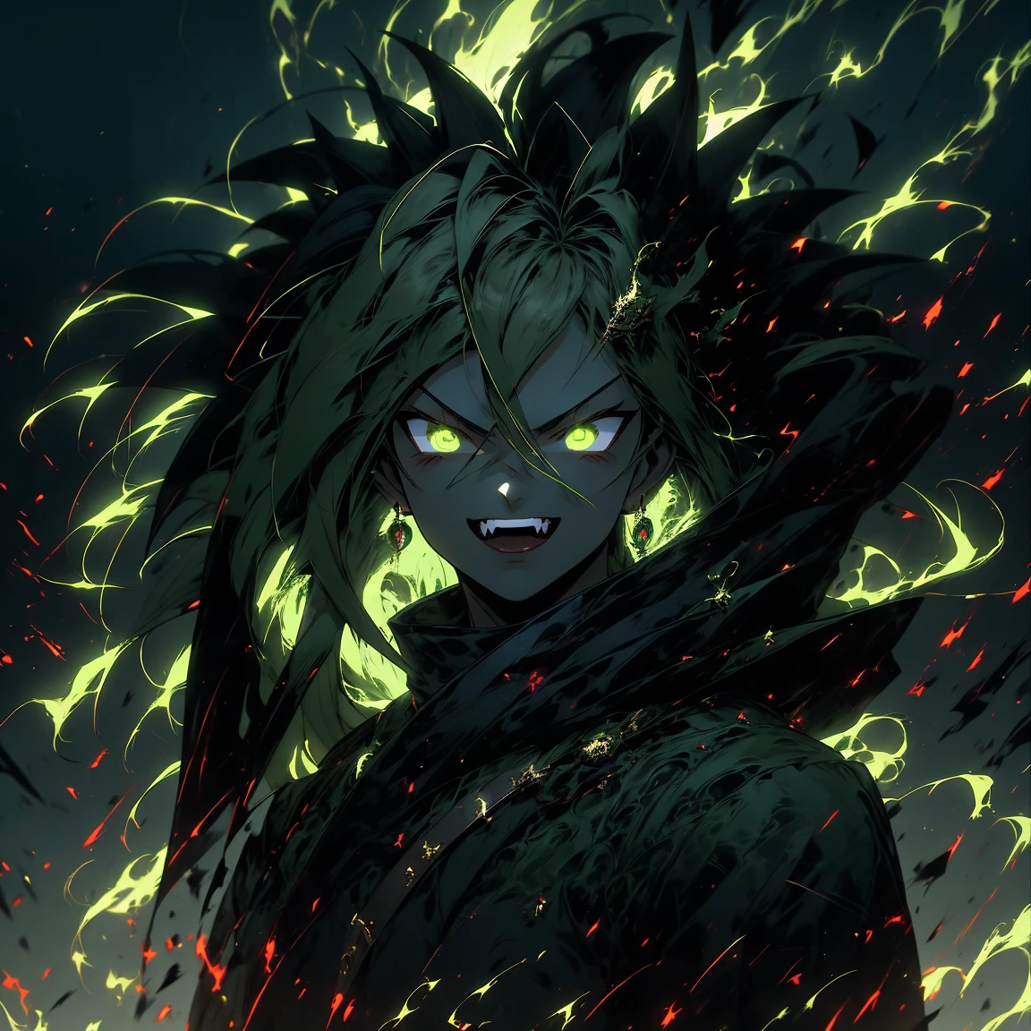 masterpiece, best quality, ultra high res, beautiful, visually stunning, elegant, incredible details, award-winning painting, (dark art:1.1), deep shadow, (dark green theme:1.2), r1ge, glowing, aura, energy, beam, flying debris, [serious|angry], floating hair, Goku, muscular, ultra instinct