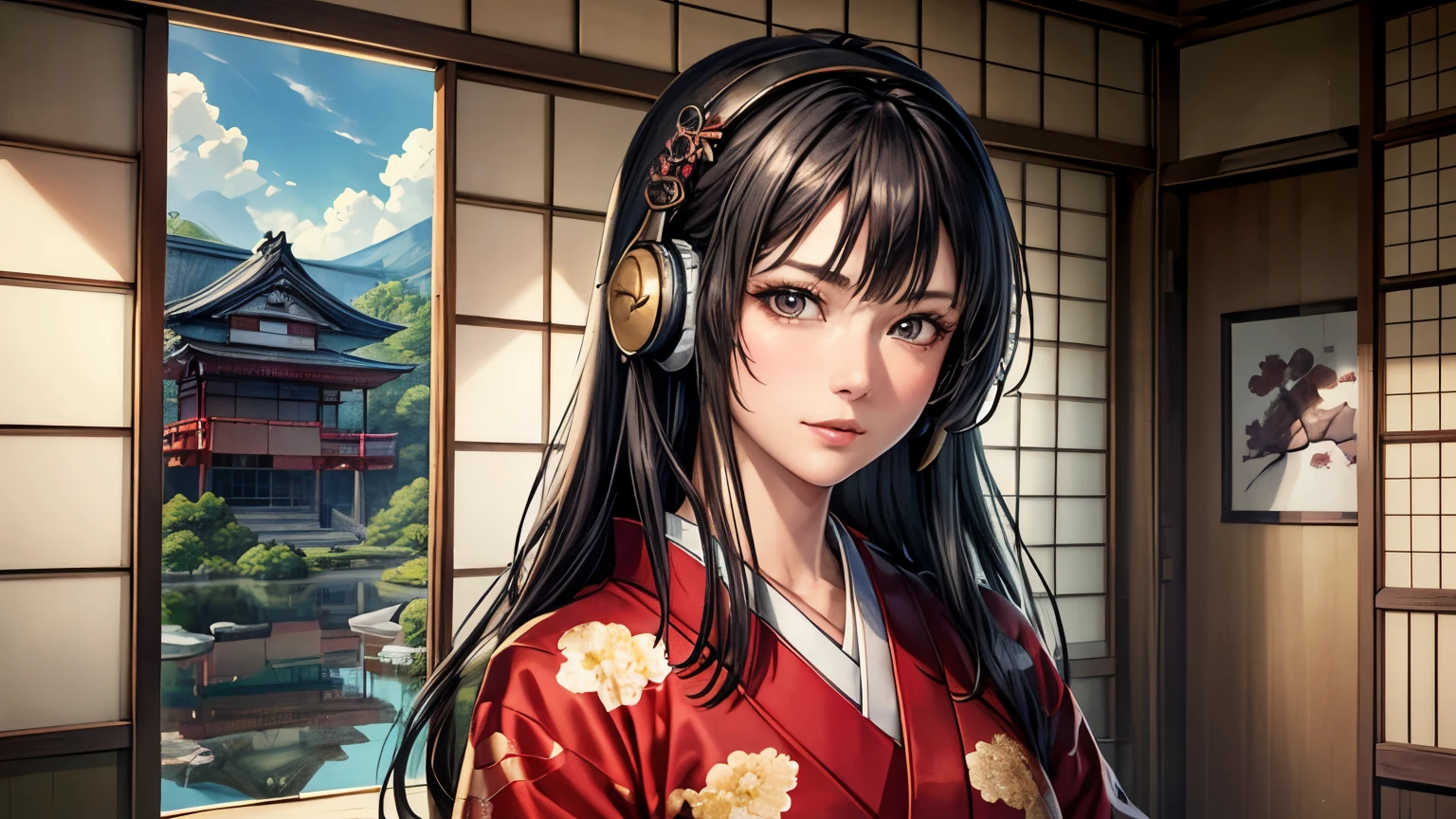 (highest quality, 8K, 32k, masterpiece), (masterpiece, newest, exceptional:1.2), anime, (1 girl), bangs, black_hair, beautiful 8k eyes, cloud, day, dress, looking_at_viewer, outdoors, red_neckwear, red_ribbon, ribbon, river, short_hair, short_sleeves, sky, skyscraper, solo, standing, town, water, ((Very beautiful woman, Fuller lips, Japanese pattern kimono)), ((Colorful Japanese kimono))), (((Medium Shot))), Blunt bangs, (High resolution), very beautiful face and eyes, round and small face, thin waist, delicate body, (highest quality high detail Rich skin details), (oil paint:1.2), Super detailed, (realistic, realistic:1.37), bright colors, (((Black Hair))), (((Long Hair))), (((Cowboy photos))), (((Inside an old Japanese house))), (top quality, best quality, official art, beautiful and aesthetic:1.2), extreme detailed, (fractal art:1.3), colorful, highest detailed, Sengoku period, (High resolution), Very beautiful face and eyes, Narrow waist, Delicate body, (Realistic, Realistic:1.37), (headphones, wearing headphones), 