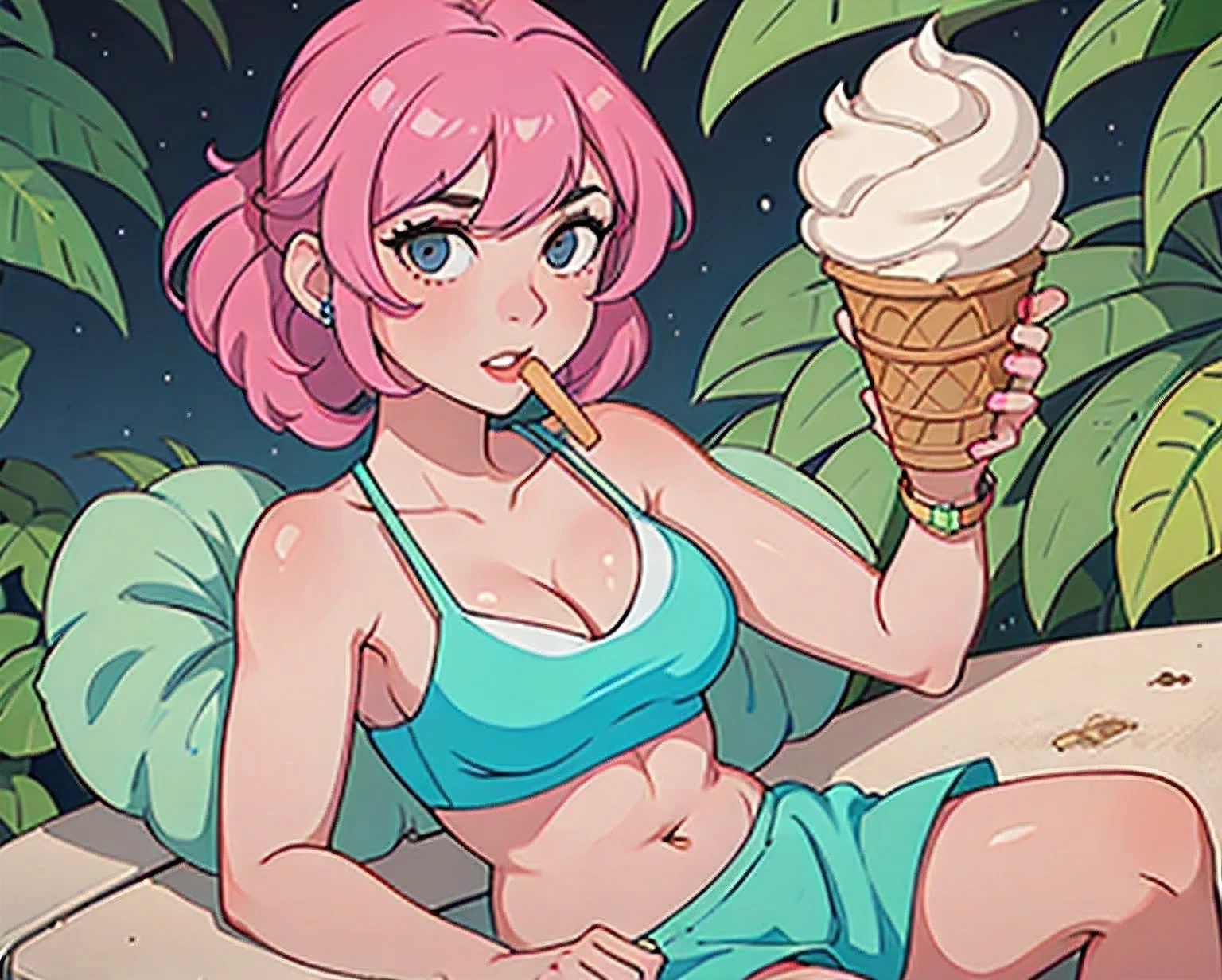 girl in a bikini eating an ice cream cone, eating ice cream, in a bikini, angela white, giorgia meloni, katy perry, in bikini, eating ice - cream, wearing spandex bikini, ice cream on the side, bikini, ice cream, wearing a bikini, candid photo of dirty, shiny plastic bikini, candid shot, cone, 1 girl, solo，in a green dress standing by a wall,portrait of female idol