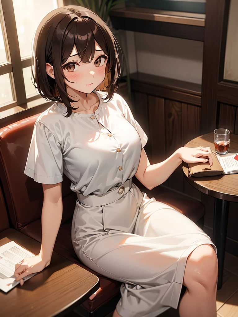 浮かない表情 妊娠検査medicine:1.9 28-year-old woman, brown hair:1.3. Wavy Hair:1.3. Bob Cut Hair:1.6. Round Eyes Beauty:1.3. Well-shaped breasts, large breasts, brown eyes, side-swept bangs:1.6. My cheeks are red:1.3. On the table (medicine:1.3) A small glass of clear water, a white blouse, short sleeves, stylish, a red long skirt:1.3 Dark room Western-style room in an apartment:1.3. Sit on a chair at a table
