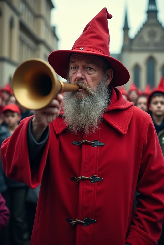 Man blowing a horn、The man has a scheming look on his face、The man has a crazy look on his face、Dressed like a red wizard、In the city、The church can be seen in the background of the image.、Behind the man are rows of children.、The children have a blank look on their faces, as if they have been brainwashed.