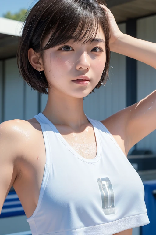 ((Highest quality)), ((masterpiece)), (detailed), One Girl, sexy, Japanese, 18-year-old, short hair, Sunburned skin, Realistic texture, (((Sweat))), Athletics Stadium, Lift your chest, Tank top, Underarm, Realistic water droplets