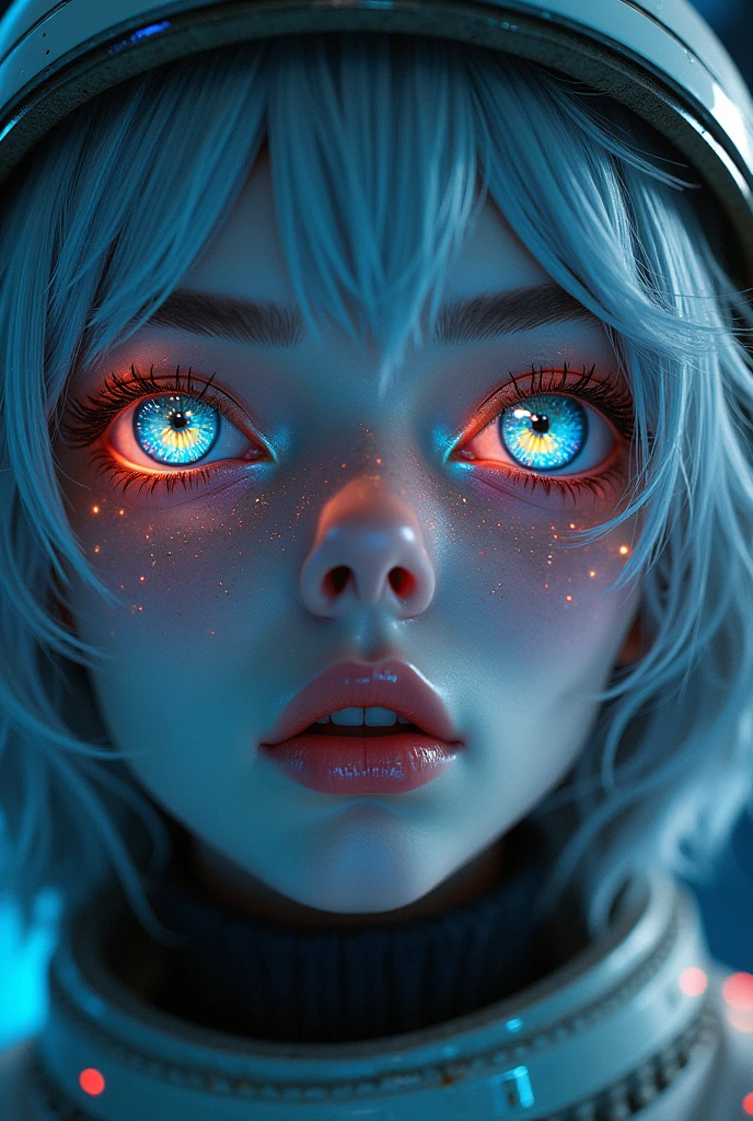 (Close-up of a better masterpiece:1.5)0.9], (Space and astronauts:1.2) (Messy silver hair:1.1) (Heterochromia xanthochromia and blue eyes:1.2) (Space Helmet:1.0) (Colored stars in the eyes:1.0) (A radiant glow:1.1) (thick lips:0.9)