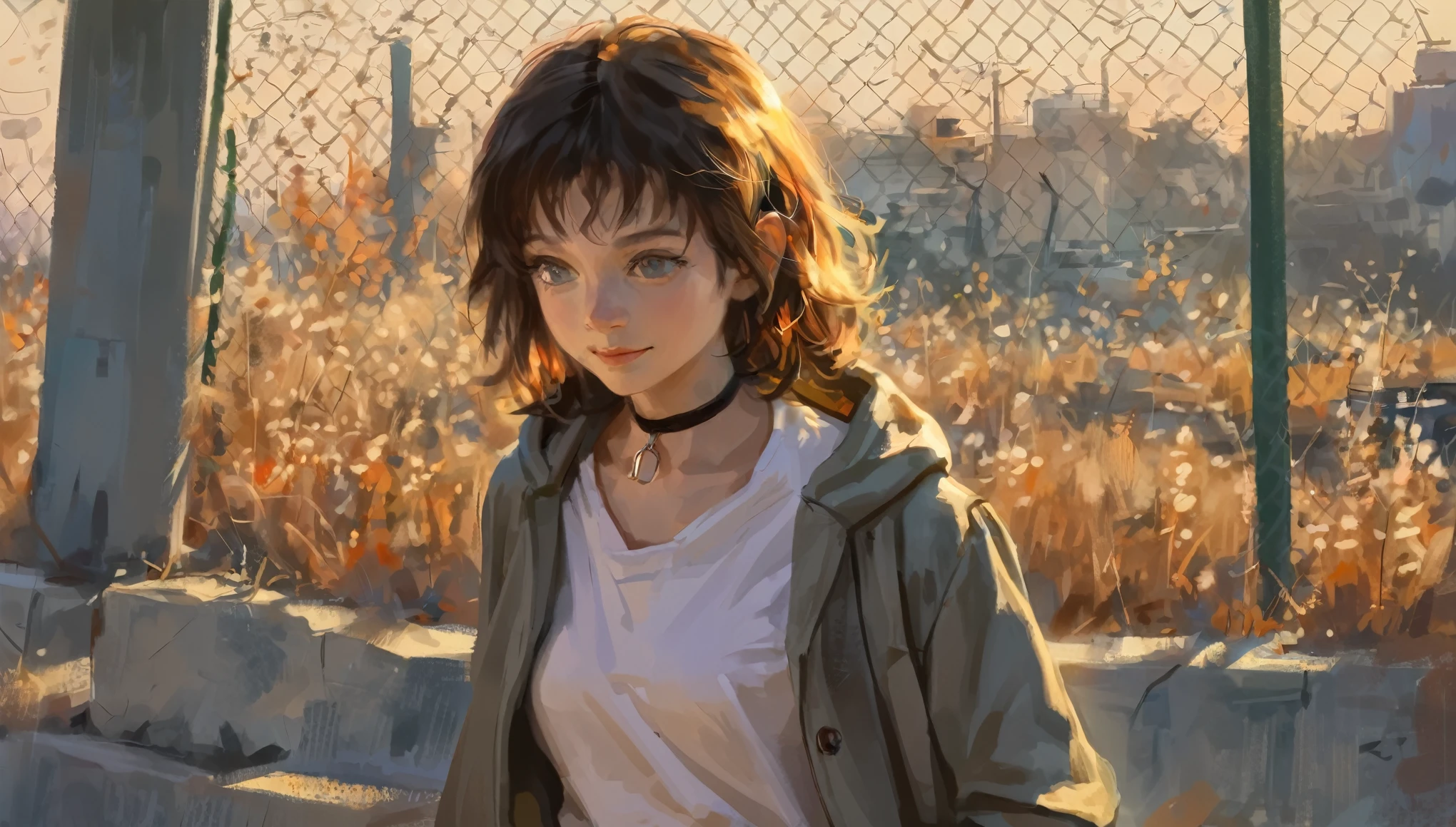 masterpiece, best quality, high quality, hyperdetailedanime painting, anime painting, painterly, realistic painting, soft features, detailed clothes, detailed, rembrandt lighting, solo, masterpiece, best quality, high quality, detailed anime painting, realistic, dramatic lighting, depth of field, fkey, h3l3n, 1girl, hime cut black hair, grey eyes, neutral expresion, long sleeves, medium breasts, hoodie and jeans, smile, solo, upper body, white shirt, outdoors, black choker, chain-link fence, thighhighs, beautiful color, (amazing quality:1.5),