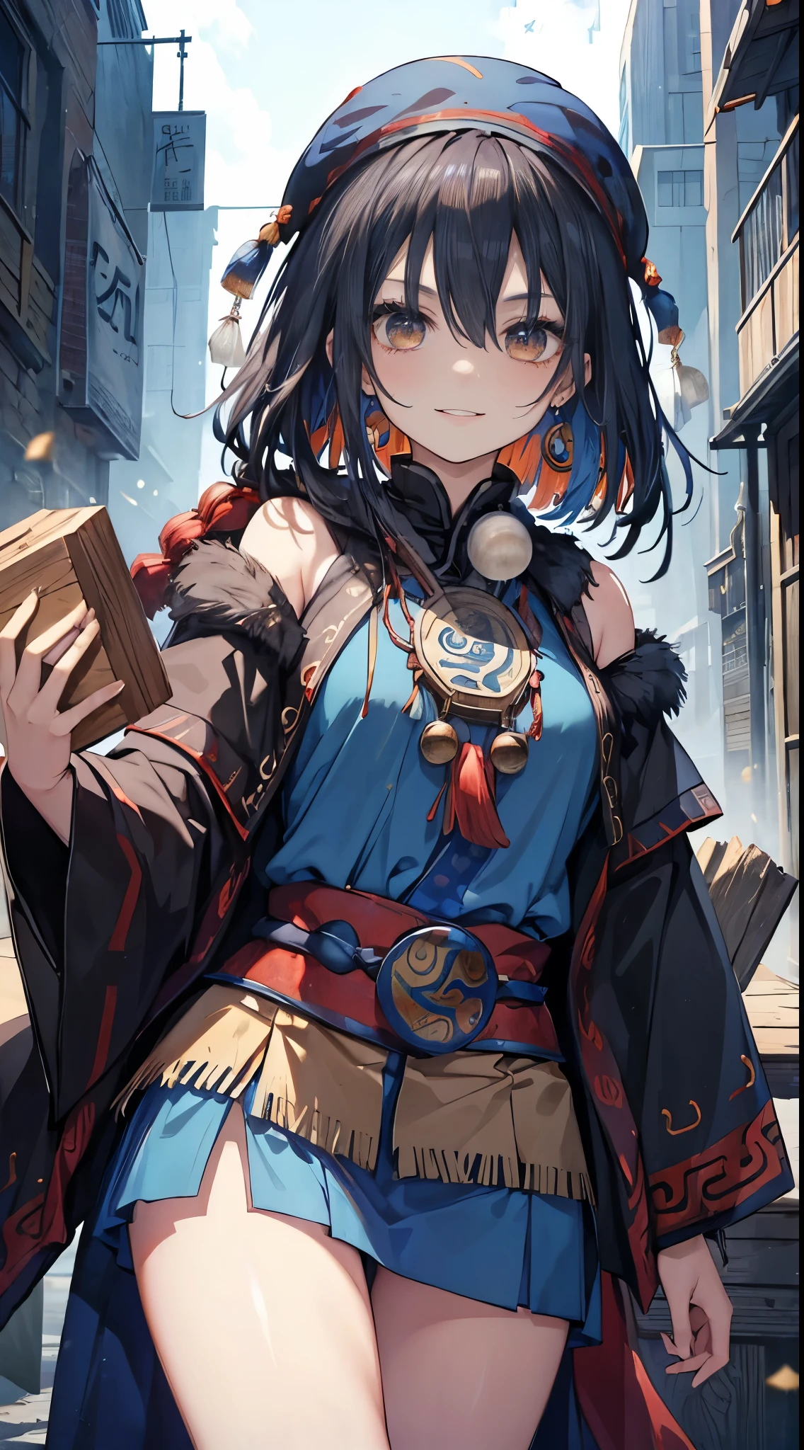 ((Shaman、nationality、:1.2)) ,Create dystopian masterpiece, There is a sense of expectation, Beautiful woman, skinny, Long black hair, Detailed face, smile, To the camera, Age 25、anime、Fantasy,Wooden chest pad、Emphasize the chest