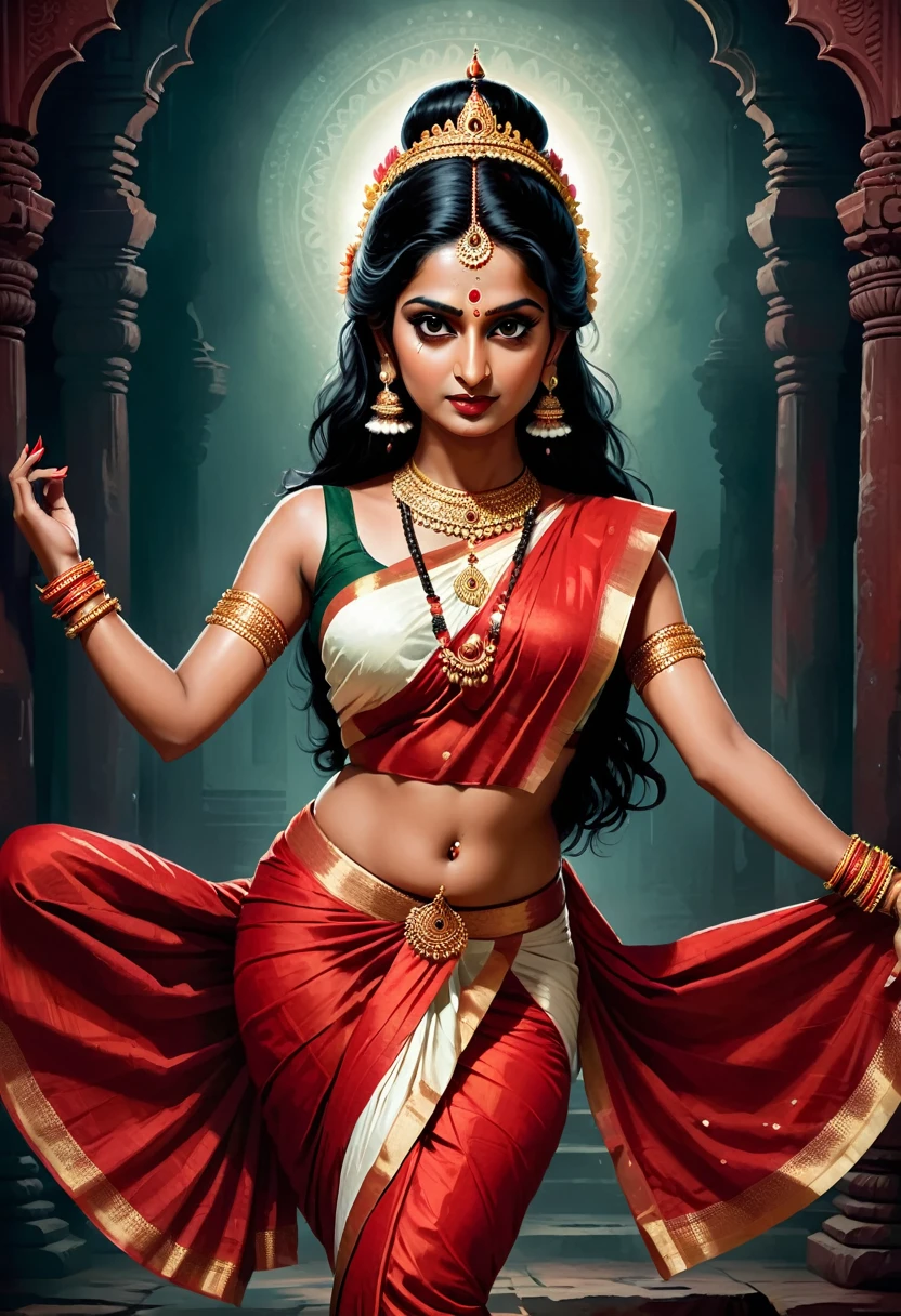Digital illustration with a dark, eerie style. The layout features a central figure, ancestral historical idol of an indian woman with long, disheveled black hair, towards the viewer., bharatnatyam dancing pose , Her skin is pale, and her eyes are glowing white, big breast, sexy, scary looks, giving her a menacing appearance. The woman is dressed in a red short saree (sleeveless) , showing thighs and legs, anket in leg, dark atmosphere, scary bloody ambience