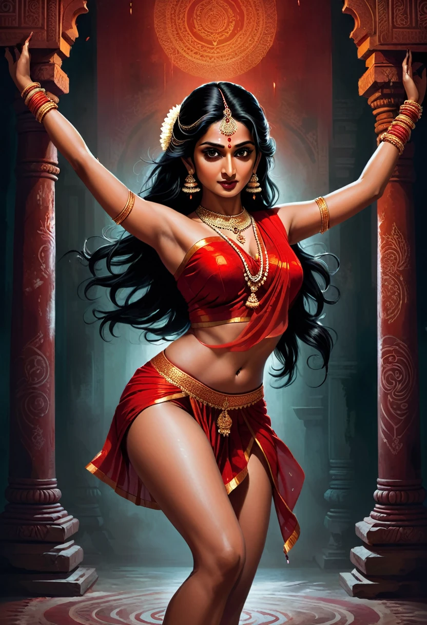 Digital illustration with a dark, eerie style. The layout features a central figure, ancestral historical idol of an indian woman with long, disheveled black hair, towards the viewer., bharatnatyam dancing pose , Her skin is pale, and her eyes are glowing white, big breast, sexy, scary looks, giving her a menacing appearance. The woman is dressed in a red short saree (sleeveless) , showing thighs and legs, anket in leg, dark atmosphere, scary bloody ambience