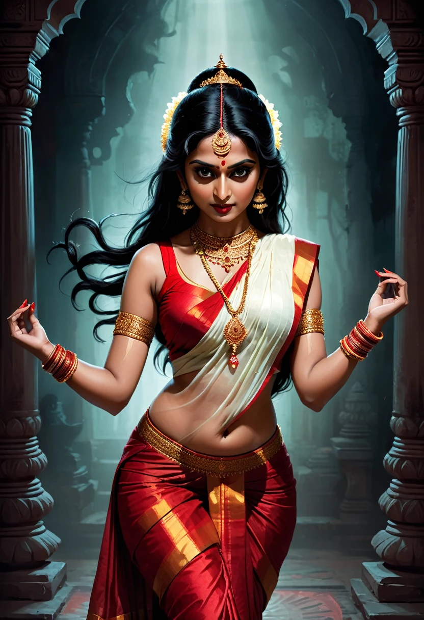Digital illustration with a dark, eerie style. The layout features a central figure, ancestral historical idol of an indian woman with long, disheveled black hair, towards the viewer., bharatnatyam dancing pose , Her skin is pale, and her eyes are glowing white, big breast, sexy, scary looks, giving her a menacing appearance. The woman is dressed in a red short saree (sleeveless) , showing thighs and legs, anket in leg, dark atmosphere, scary bloody ambience