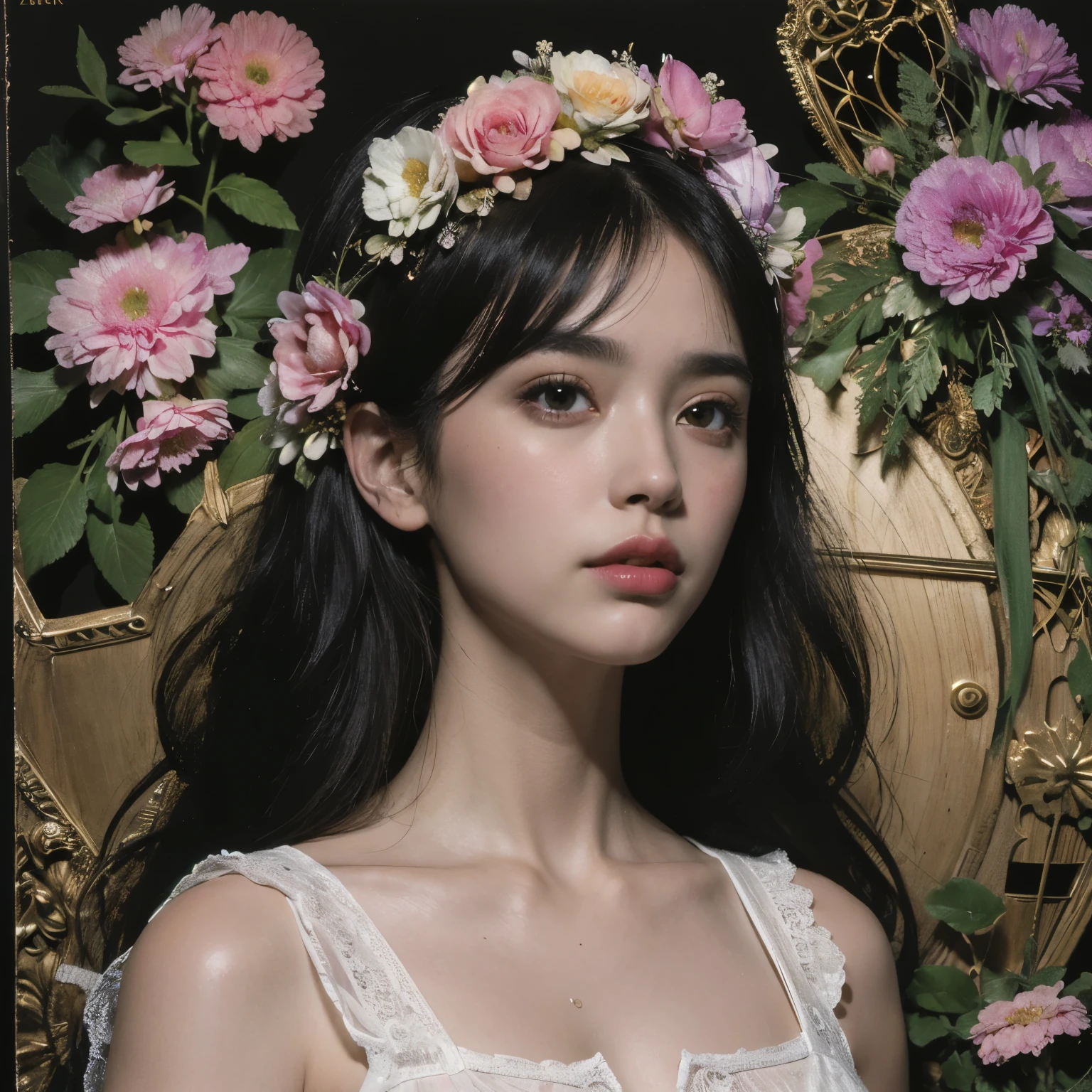 (ultra-detailed background, detailed background), absurdres, highres, ultra detailed, extremly detailed, 1girl, (bunch of flowers:1.3), (zentangle:1.2), (geometric:1.2),(colorful), chiaroscuro technique on illustration of an elegant oldies , wet hair, vintage, eerie, matte painting, by Hannah Dale, by Harumi Hironaka, extremely soft colors, vibrant, highly detailed, digital illustrations , high contrast, dramatic, refined, tonal, emotional expression, golden ratio