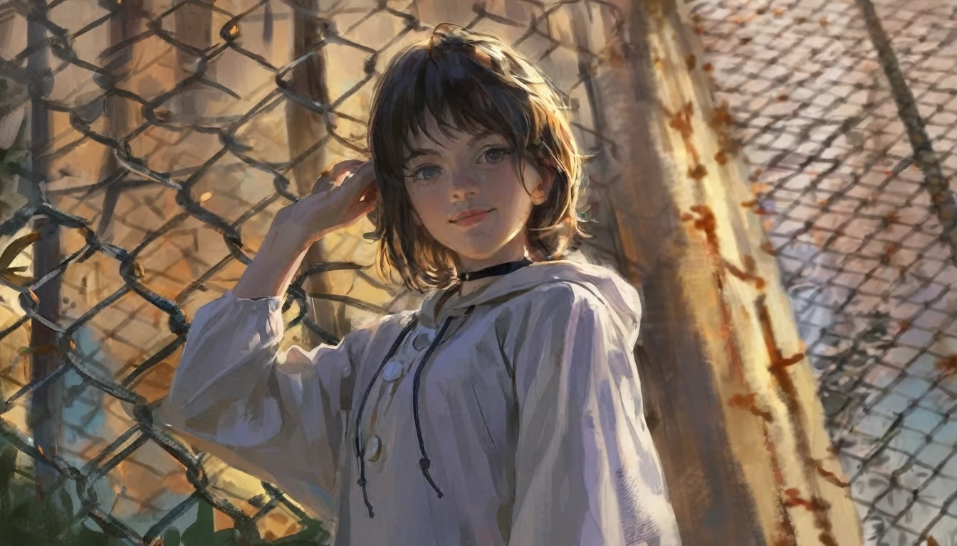 masterpiece, best quality, high quality, hyperdetailedanime painting, anime painting, painterly, realistic painting, soft features, detailed clothes, detailed, rembrandt lighting, solo, masterpiece, best quality, high quality, detailed anime painting, realistic, dramatic lighting, depth of field, fkey, h3l3n, 1girl, hime cut black hair, grey eyes, neutral expresion, long sleeves, medium breasts, hoodie and jeans, smile, solo, upper body, white shirt, outdoors, black choker, chain-link fence, thighhighs, beautiful color, (amazing quality:1.5),
