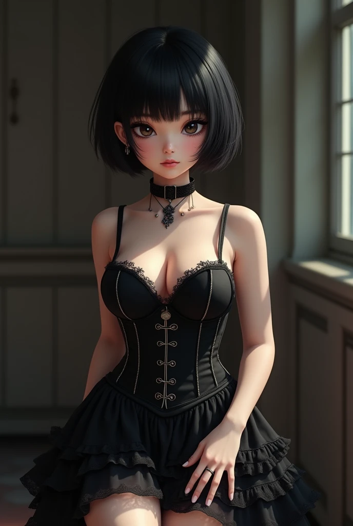 (masterpiece:1.2, best quality), (Practical, photoPractical:1.4), Fine quality illustrations, (Natural side light, Cinema Lighting), 
Looking at the audience, Upper Body, (Front view), 1 girl, Perfect face, Symmetrical cute face, Glowing skin, baby face, Long eyelashes, (The breasts are very small:1.3), (Wide hips:1.2),shortcut,
Beautiful hair, Pretty Face, Pretty and beautiful eyes, Beautiful Body, Beautiful breasts, Beautiful thighs, Beautiful legs, Beautiful fingers,
(beautiful scenery),(Lovely smile:1.3, Predominant), 18 years old,Pale skin,Woman in black corset and gothic hairstyle, 1 girl, Solitary, Black Hair, short hair, ring,(earrings:1.5),(Punk style:1.5),(Gothic dress),(Dark lips:1.5),