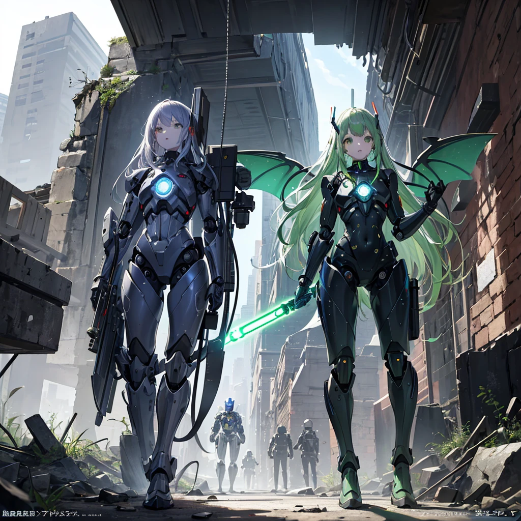 ((Highest quality)), (Anatomically correct),Green long hair automata girl 1.7、Silver robot suit 1.3、Robotic arm with a rifle、Hand holding a lightsaber、Metal Wings、Jetpack、Ruined old city 1.7