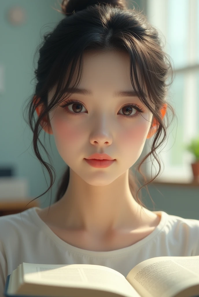 Tabletop, Highest quality, One girl ,White, graduate School, Realistic, High resolution, detailed, Soft Focus、Delicate facial features, detailedな目, Sharp pupils, Depth of written boundary, ボケ Depth of written boundary, Sharp focus、Morning sunlight、dream