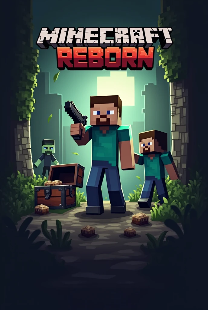 Design a Minecraft-style post-apocalyptic survival game logo in pixel art. The central focus is a pixelated character, styled after Minecraft game skins, holding a gun and standing ready for battle. To the side, add another Minecraft-style character opening an iconic Minecraft chest, suggesting scavenging or looting. Surround these characters with elements that suggest a zombie-infested world, including pixelated zombies, broken buildings, and dark, moody lighting. Add pixelated text at the top of the image that reads '救赎之路 Reborn' in a bold, blocky font. The overall color palette should be gritty and muted, with shades of gray, brown, and dark green, reflecting the bleak and dangerous environment.