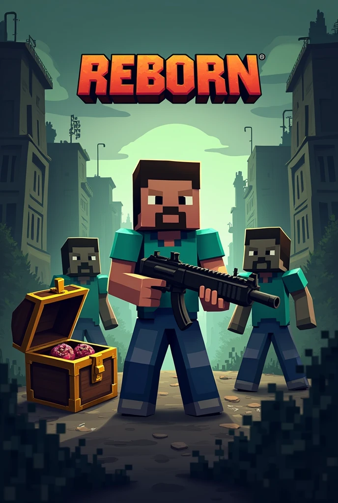 Design a Minecraft-style post-apocalyptic survival game logo in pixel art. The central focus is a pixelated character, styled after Minecraft game skins, holding a gun and standing ready for battle. To the side, add another Minecraft-style character opening an iconic Minecraft chest, suggesting scavenging or looting. Surround these characters with elements that suggest a zombie-infested world, including pixelated zombies, broken buildings, and dark, moody lighting. Add pixelated text at the top of the image that reads '救赎之路 Reborn' in a bold, blocky font. The overall color palette should be gritty and muted, with shades of gray, brown, and dark green, reflecting the bleak and dangerous environment.