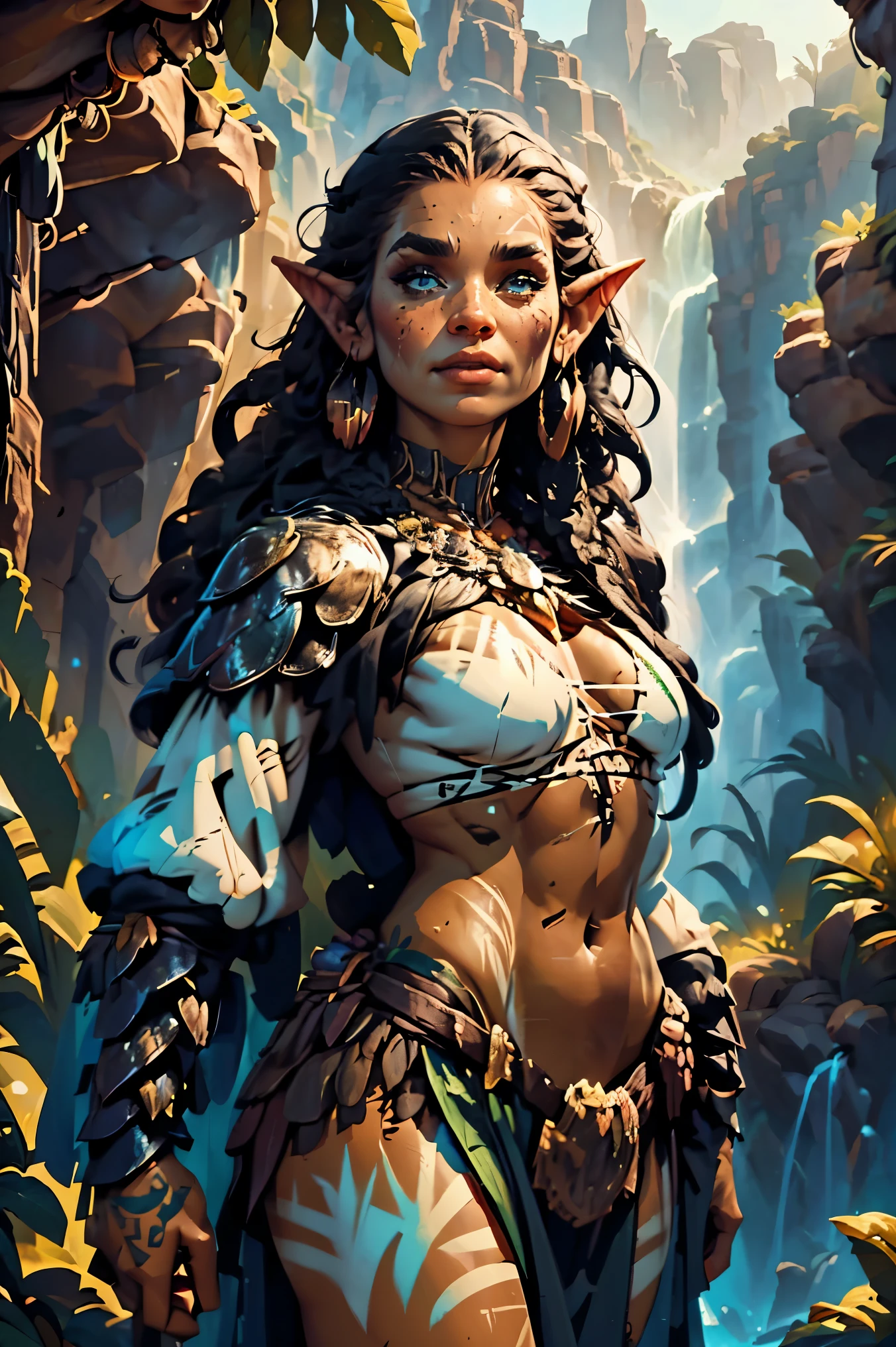 a black female australian aboriginal elf with white body paint, Dungeons and Dragons, highly detailed cinematic fantasy illustration, black outlining, full color illustration, in the style of BORIS VALLEJO & JULIE BELL, masterpiece, 8k, ultra-detailed, physically-based rendering, vivid colors, dramatic lighting, intricate background, photorealistic