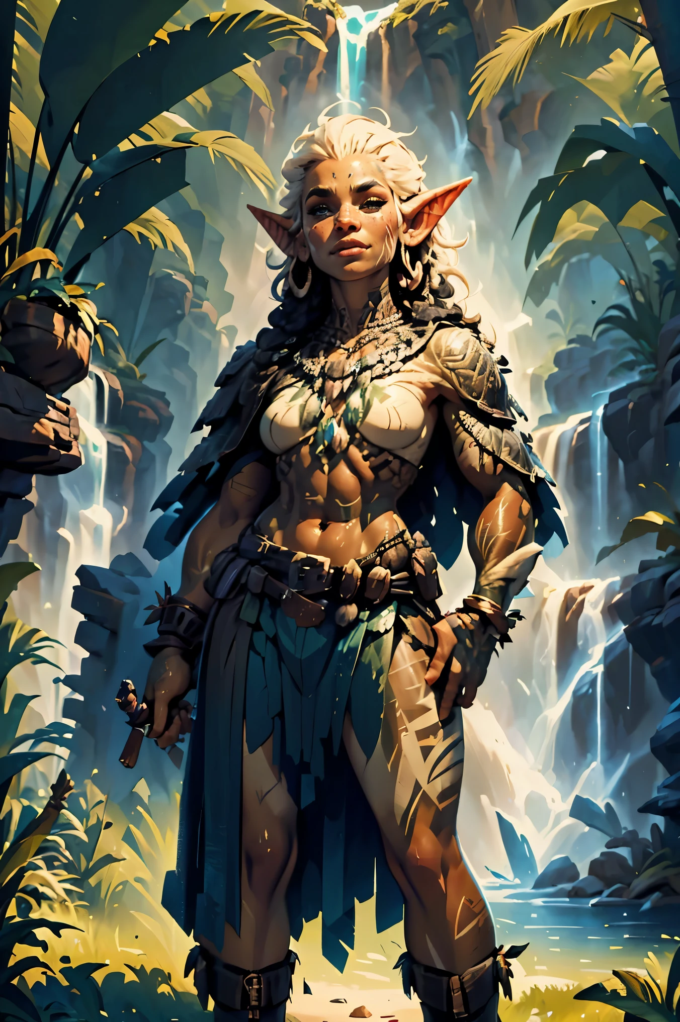 a black female australian aboriginal elf with white body paint, Dungeons and Dragons, highly detailed cinematic fantasy illustration, black outlining, full color illustration, in the style of BORIS VALLEJO & JULIE BELL, masterpiece, 8k, ultra-detailed, physically-based rendering, vivid colors, dramatic lighting, intricate background, photorealistic