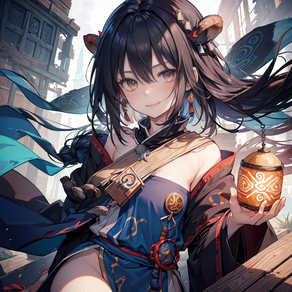 ((Shaman、nationality、:1.2)) ,Create dystopian masterpiece, There is a sense of expectation, Beautiful woman, skinny, Long black hair, Detailed face, smile, To the camera, Age 25、anime、Fantasy,Wooden chest pad、Emphasize the chest