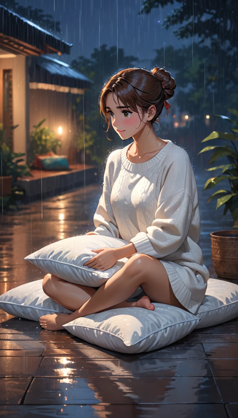 person sitting on the floor with a white sweater on holding a pillow, 1girl, sitting, solo, rain, barefoot, brown hair, hair bun, indian style, night