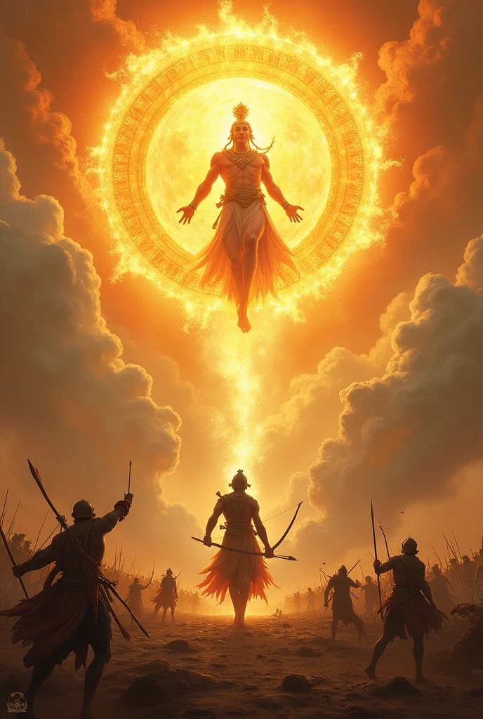 God Suryabhagawan coming from sun to see his one son karna doing war with bow and arrow 
Killing soldiers 