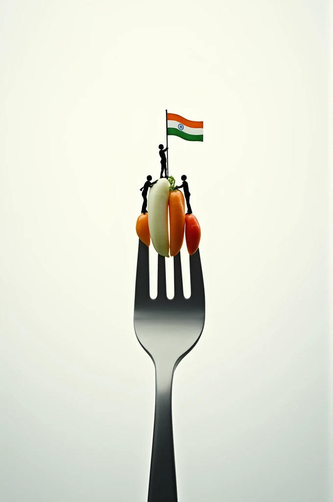 "Create a symbolic image featuring the close-up of a sharpened fork tip, where the veggies are in saffron white and green colour like Indian national flag in ordered is shaped like a rugged mountain peak. At the summit of the fork , depict four small figures raising the Indian flag, reminiscent of the iconic flag-raising scene. The background should be a soft gradient, fading from white to light gray, giving the image a clean and minimalistic appearance. The Indian flag should be clearly visible at the top of the fork, with the figures appearing to work together to raise it. 