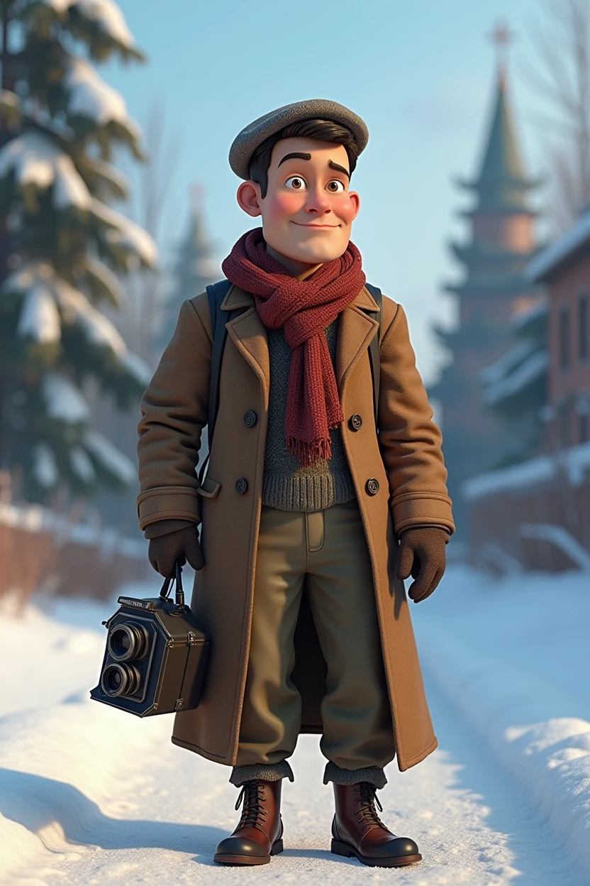 Pixar style, animation, 3d, journalist, 1900s, Russia, snow background, journey, camera, 30s old age, adventure 