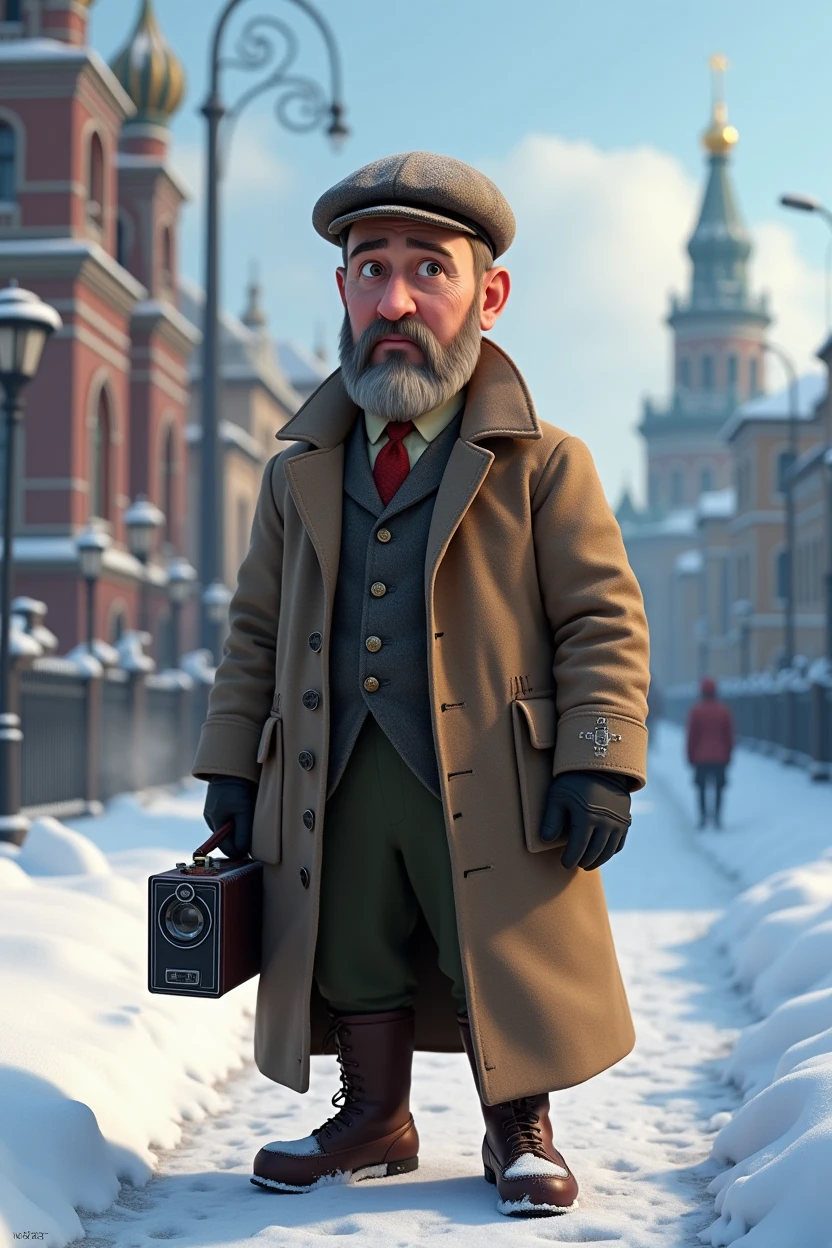 Pixar style, animation, 3d, journalist, 1900s, Russia, snow background, journey, camera, 30s old age, adventure