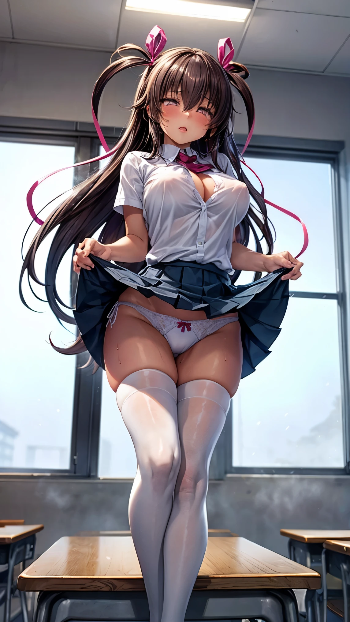 best quality,1girl,((big breasts:1.3)),orgasm,blush,sweat,steam,((empty eyes:1.3)),pink eyes,Mizuki Yukikaze, hair ribbon, white shirt, short sleeves, pleated skirt, blue skirt, white thighhighs,mini skirt,lift skirt,upskirt,white panties,lace panties,((crowd:1.1)),classroom,erect nipples,see through,full body