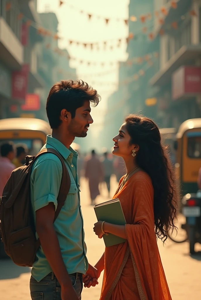 **Love Story for a One-Minute YouTube Video (Hindi)**

**Title**: *Ek Chhoti Si Love Story*

**Script**:

1. **Scene 1** *(Morning, a busy street)*
   - [Image Prompt: A young man (Rahul) walking on a crowded street, lost in his thoughts, holding a cup of chai.]
   - **Voiceover**: "Rahul ke liye yeh subah bhi dusron jaisi thi... bas ek aur din."

2. **Scene 2** *(Suddenly, he sees a girl across the street, their eyes meet)*
   - [Image Prompt: A beautiful girl (Priya) with flowing hair, holding a book, glances up and their eyes meet.]
   - **Voiceover**: "Lekin aaj kuch alag tha, Priya ko dekhte hi Rahul ka dil dhadak utha."

3. **Scene 3** *(Both smile subtly, but shyly look away)*
   - [Image Prompt: Both exchange shy smiles, then look away, blushing.]
   - **Voiceover**: "Ek pal ke liye dono muskuraye, aur phir nigahein jhuka li."

4. **Scene 4** *(Rahul decides to approach her)*
   - [Image Prompt: Rahul takes a deep breath, gathering courage to walk towards Priya.]
   - **Voiceover**: "Rahul ne faisla kiya, aaj apni feelings ka izhaar karega."

5. **Scene 5** *(Just as he reaches her, she drops a book)*
   - [Image Prompt: Priya accidentally drops her book as Rahul approaches.]
   - **Voiceover**: "Lekin tabhi Priya ne apni kitaab giradi, aur Rahul usse uthane ke liye jhuk gaya."

6. **Scene 6** *(They both reach for the book, hands touch)*
   - [Image Prompt: Both their hands touch while reaching for the book, they look into each other’s eyes again.]
   - **Voiceover**: "Dono ke haath ek saath kitaab tak pahuche, aur phir se unki nigahein mil gayi."

7. **Scene 7** *(The moment freezes, then they both laugh)*
   - [Image Prompt: A soft moment as they both start laughing together.]
   - **Voiceover**: "Woh pal, woh hasi... shayad unka pyaar yahin se shuru hota hai."

8. **Scene 8** *(Rahul finally speaks, as they walk together)*
   - [Image Prompt: Rahul and Priya walking together, talking and smiling.]
   - **Voiceover**: "Aur yoon, Rahul ne pehli baar Priya 