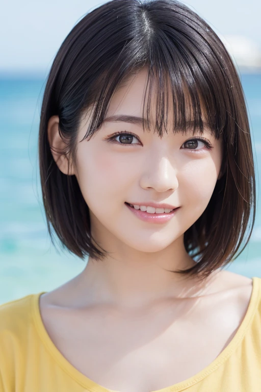 masterpiece, Highest quality, One Woman, (Yellow T-shirt:1.2), 22 years old、(RAW Photos, Highest quality), (reality, Realistic:1.4)、Clean look、Iris、very detailed eyes and face, Beautiful and detailed nose, beautiful eyes, Perfect Anatomy、Black short hair、Wet Hair、Crystal skin, A cool smile、Summer beach、Swimming in the sea