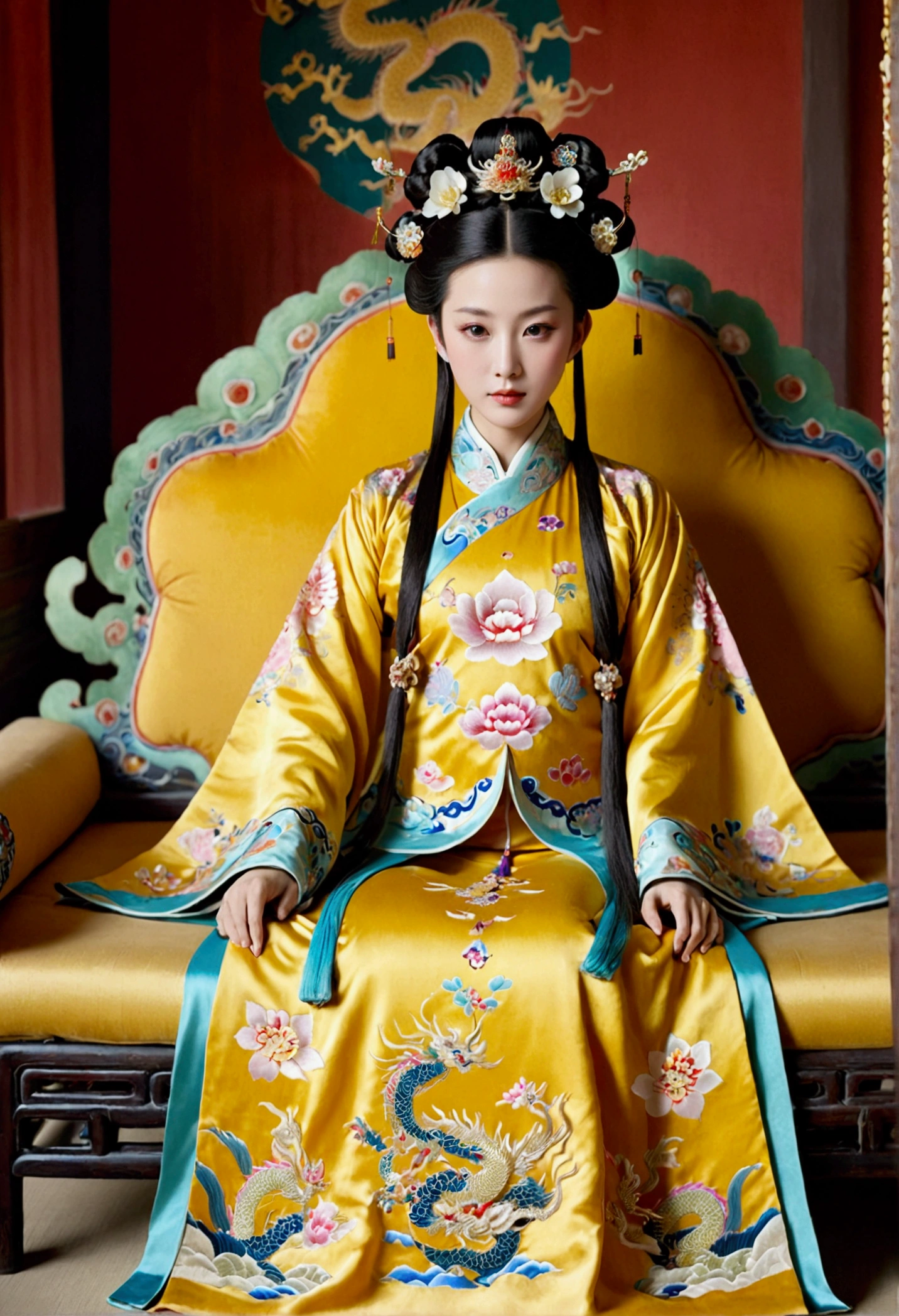 A gorgeous empress from the Chinese imperial court during the Qing Dynasty. She sits naked on a large yellow dragon embroidered sofa with her legs spread apart, her hair in double ponytails, wearing a gorgeous Chinese empress crown and a flower hairpin, and her hair is tied up and pulled up.