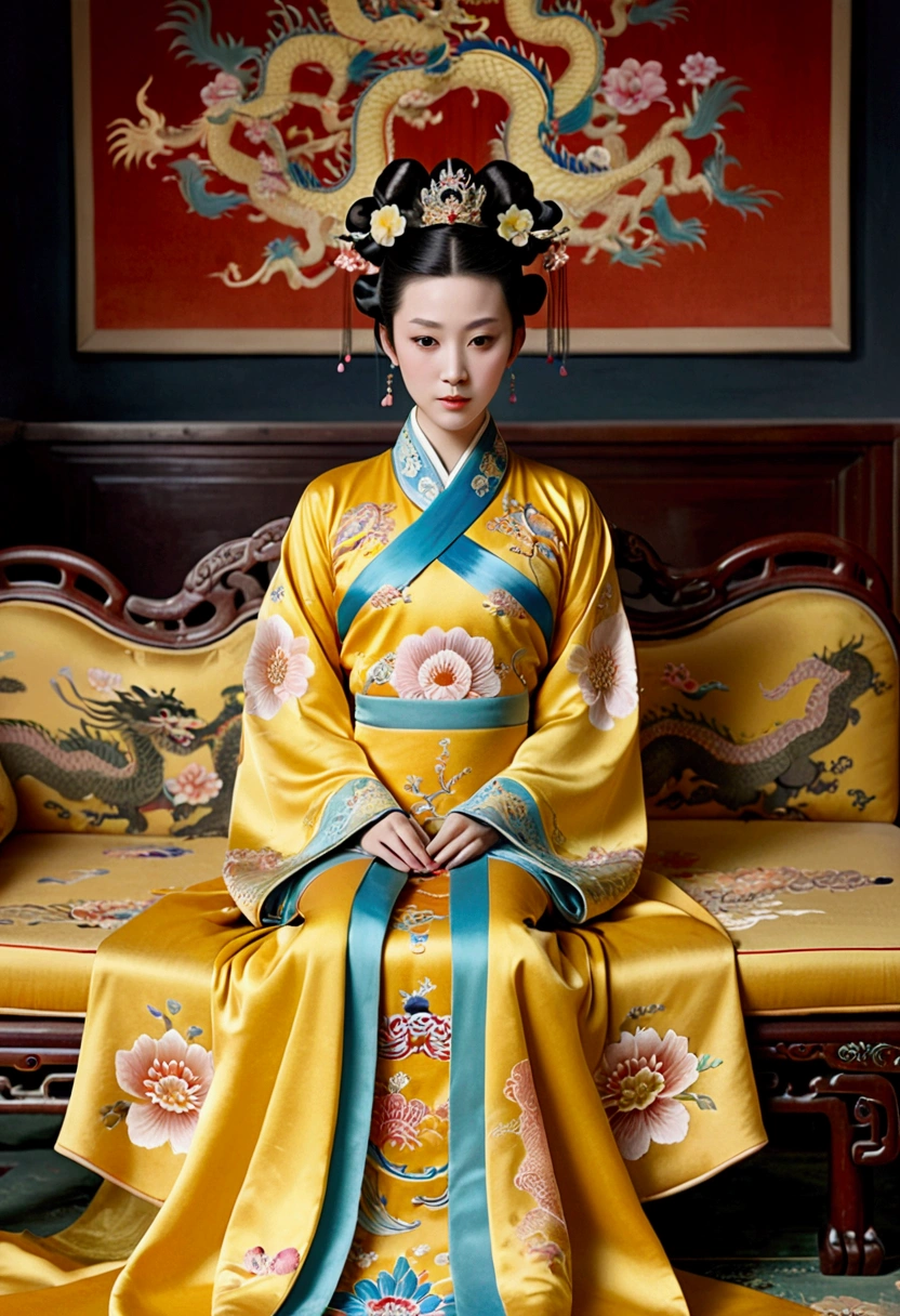 A gorgeous empress from the Chinese imperial court during the Qing Dynasty. She sits naked on a large yellow dragon embroidered sofa with her legs spread apart, her hair in double ponytails, wearing a gorgeous Chinese empress crown and a flower hairpin, and her hair is tied up and pulled up.