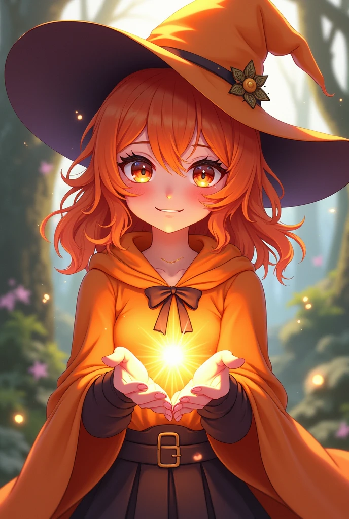Anime witch girl who has orange hair,have funny personality,wear orange cloak and oranges gloves,has orange,summon a magic power on her hands