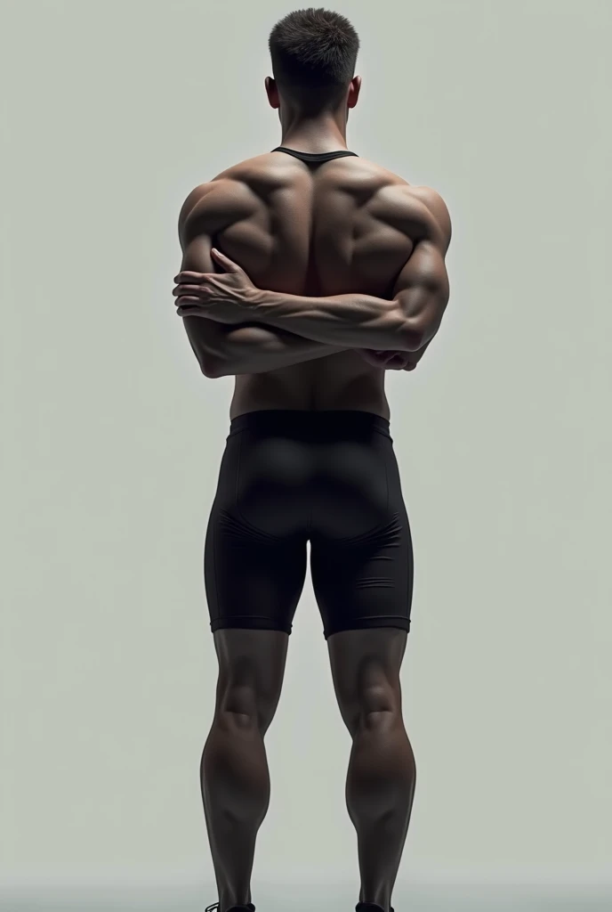 Olympic male shooter stands with his back closed, arms around him