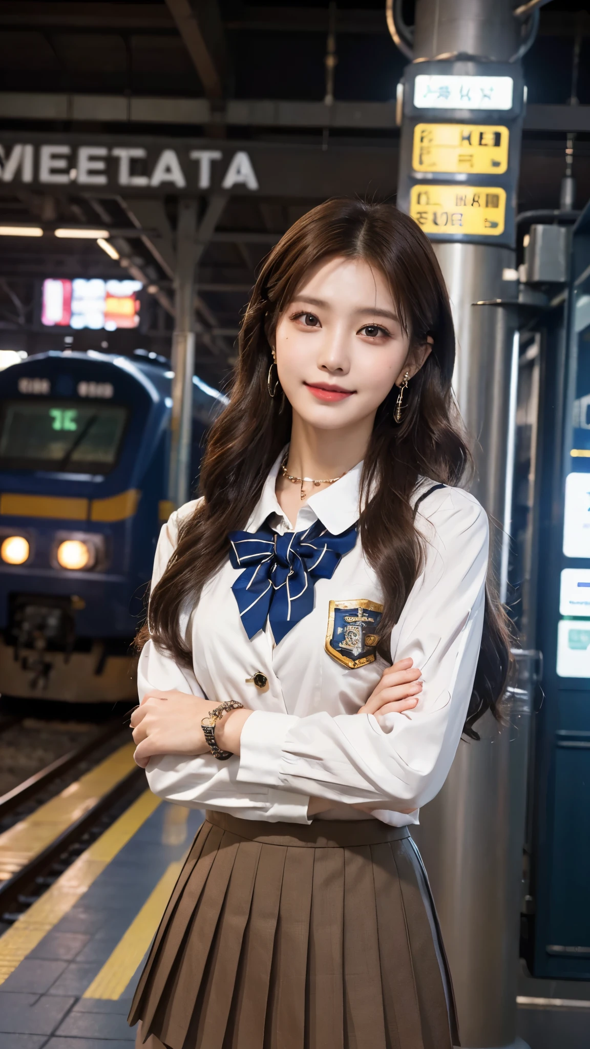 masterpiece,High Detail,8K resolution,Seven-point lens,Exquisite facial features,Perfect face,Cyberpunk,individual,woman,Smile,Long hair,Brown hair,Bob,Bracelet,Metal collar,Hoop Earrings,Earrings,school uniform,Pleated Skirt,night,Sea,TRAIN STATION,Level Lighting