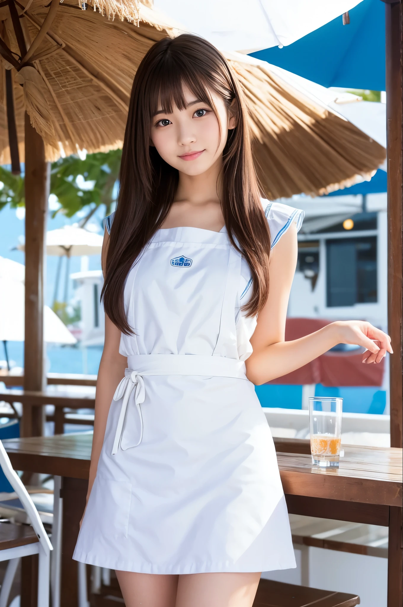 20 years old girl (Japanese pretty face) is wearing white apron, mini skirt at the beach bar
