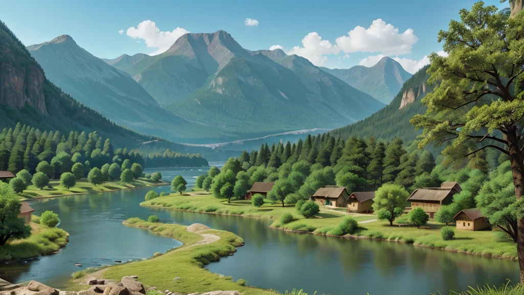 Mysterious natural beauty. River. Mountain. Lake, ancient village, vegetation. Real photo. High definition. 8k