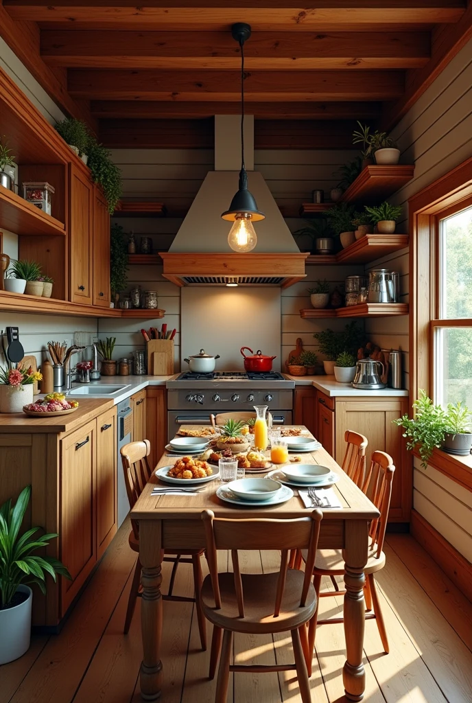 Wood Kitchen , wooden house
Connecting with dinning room
Some drink and food on the table